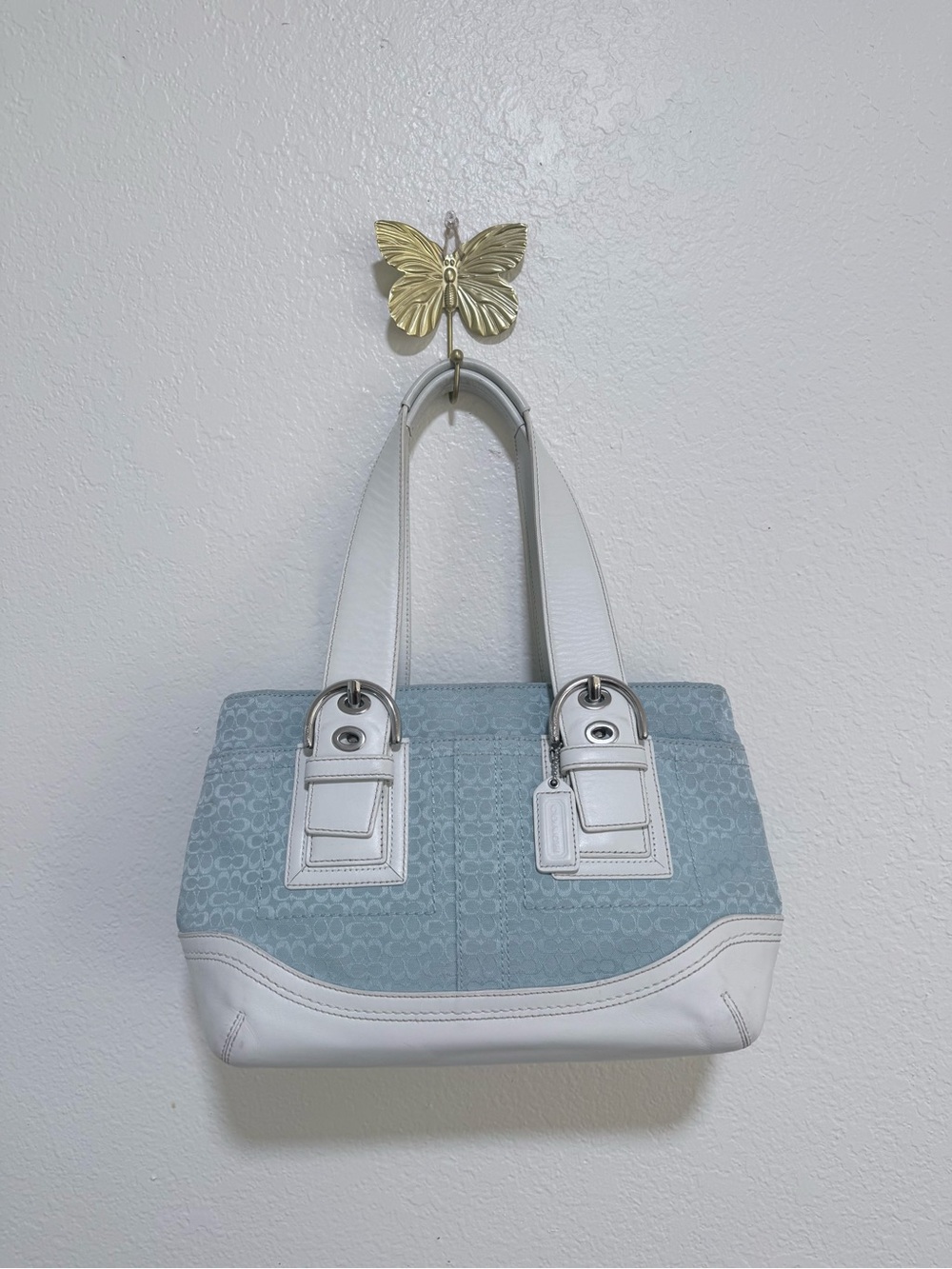 Vintage Coach Y2K Signature Sky Blue Shoulder Bag White Leather F10928